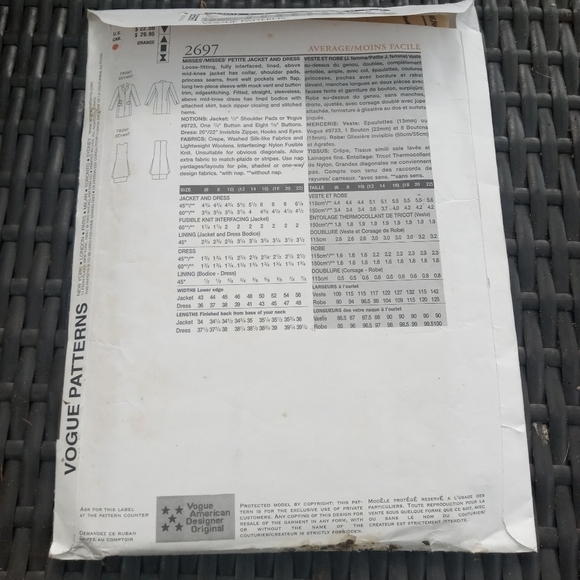 Vogue Sewing Pattern 2697 Misses' Women's Petite Jacket Dress Size 12-16 Uncut - Picture 2 of 5